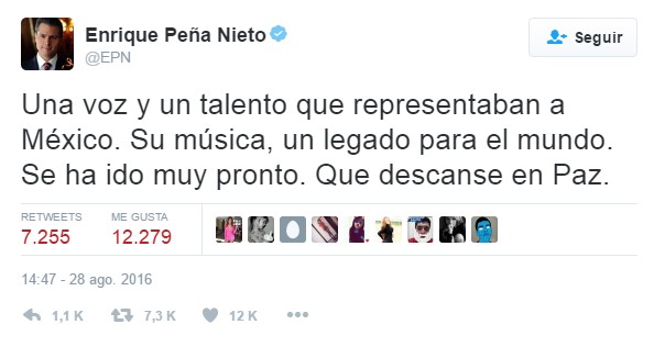 Tweet de Peña Nieto sobre Juan Gabriel